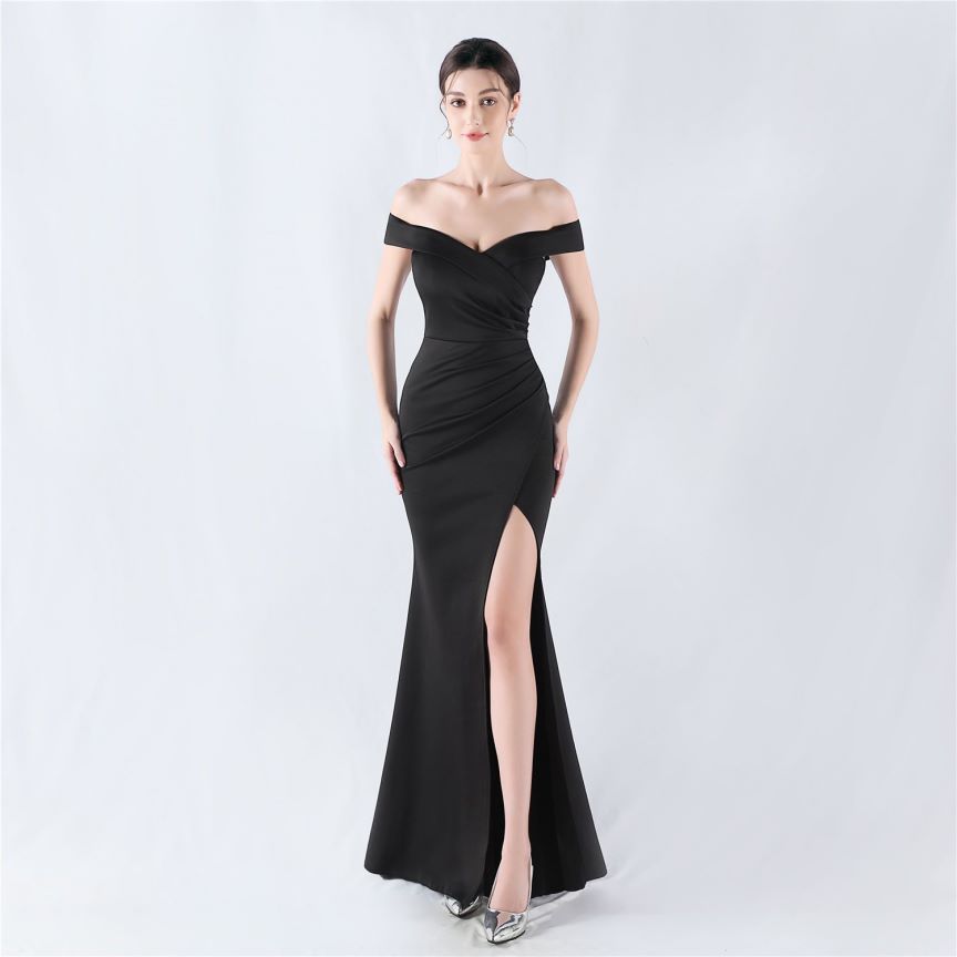 Pleated Off Shoulder Slim Evening Dress (Black) (Made To Order)