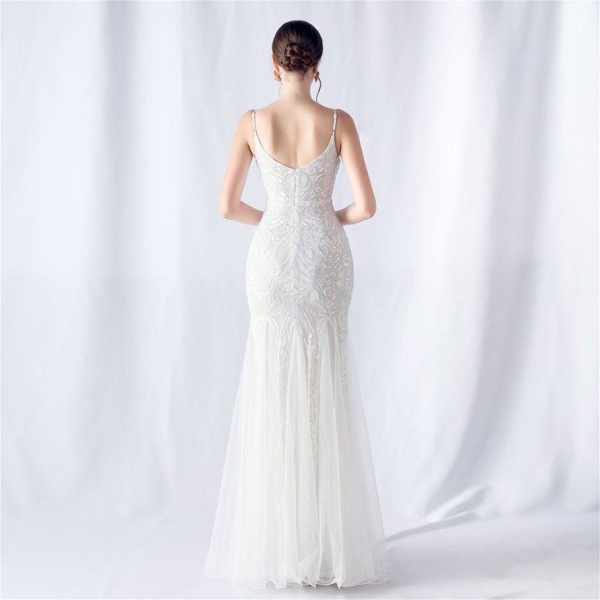 Spaghetti Sequins White Gown with Tulle Skirt Evening Gown (Made To Order)