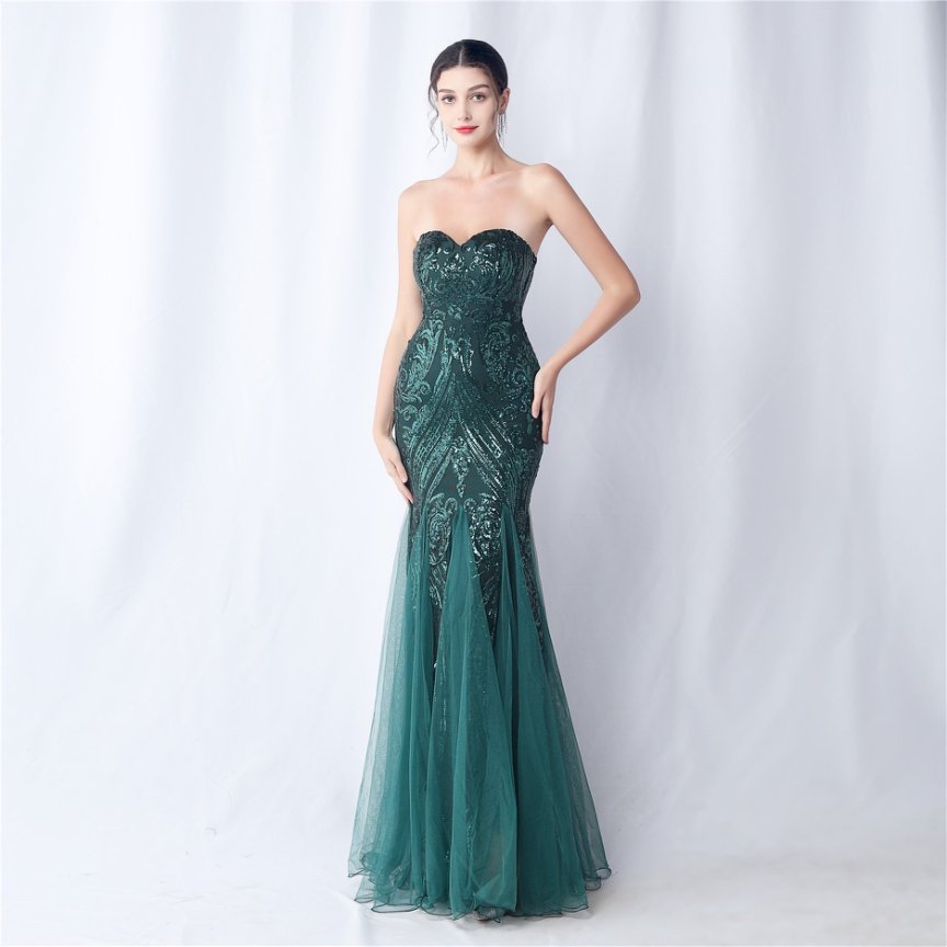 Strapless Sequins Frills Evening Gown (Green) (Made To Order)