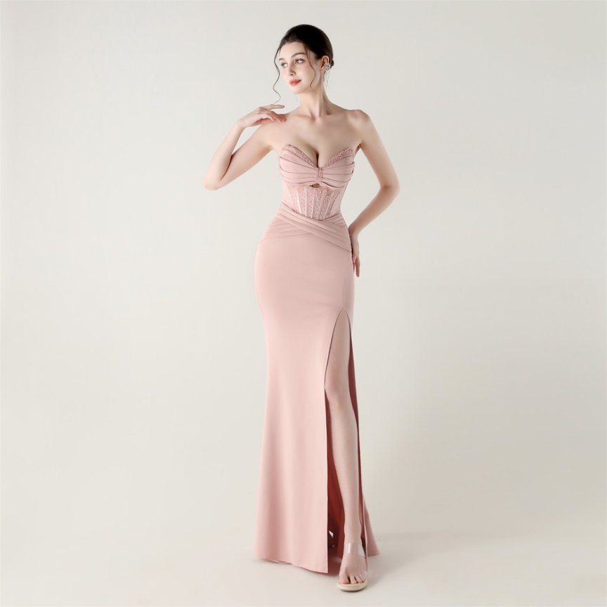 Strapless Rhine Stones Pleated Corset Evening Gown (Pink) (Made To Order)