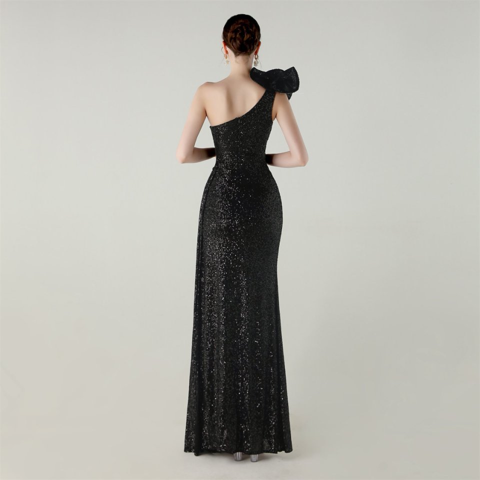 Gorgeous One Side Shoulder Pleated Sequins Evening Gown (Black) (Made To Order)