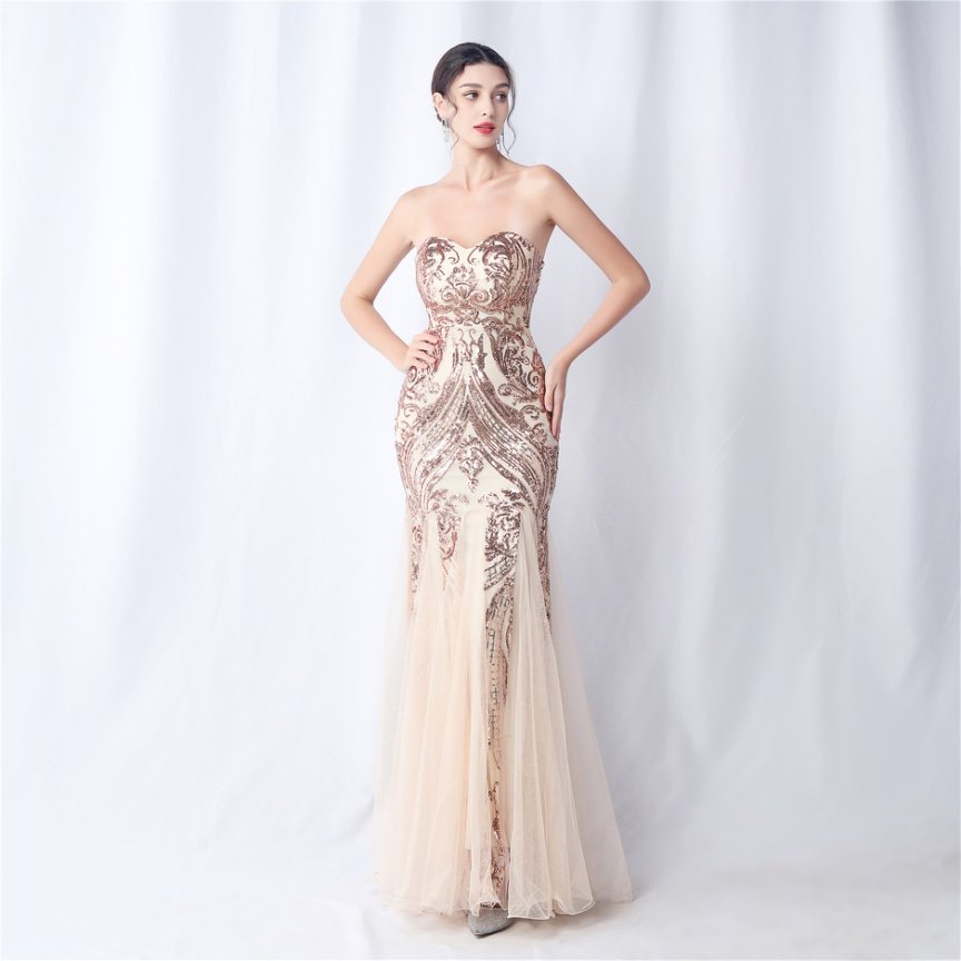 Strapless Sequins Frills Evening Gown (Rose Gold) (Made To Order)