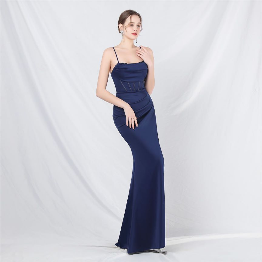 Spaghetti Back Cross Overlap Slit (Made To Order) (Navy Blue)