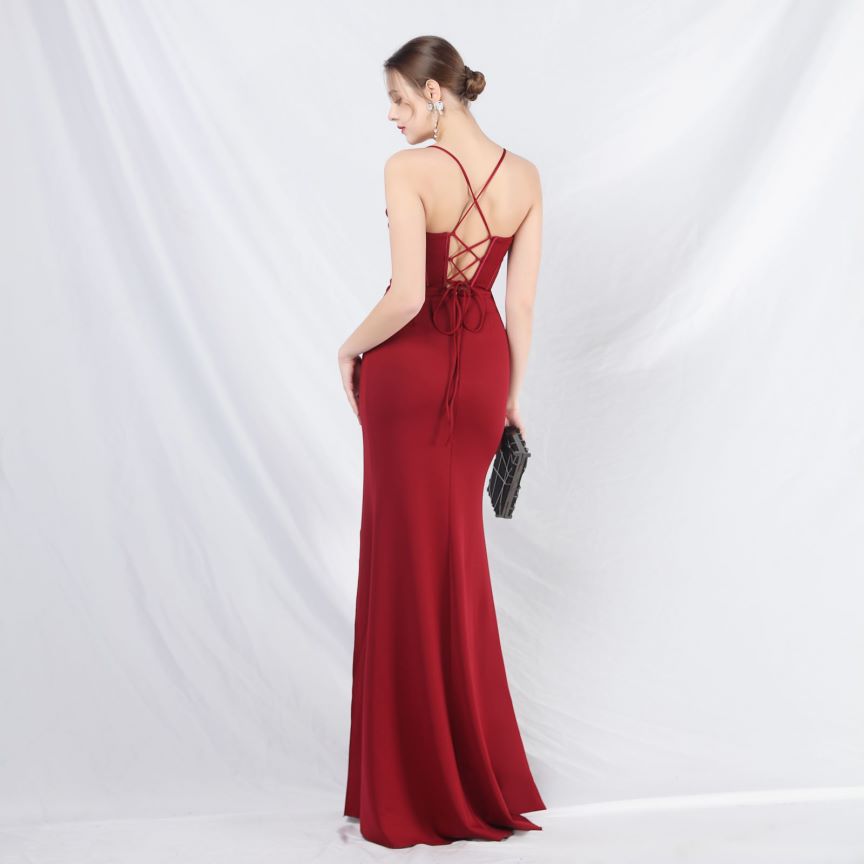 Spaghetti Back Cross Overlap Slit Evening Gown (Made To Order) (Maroon)