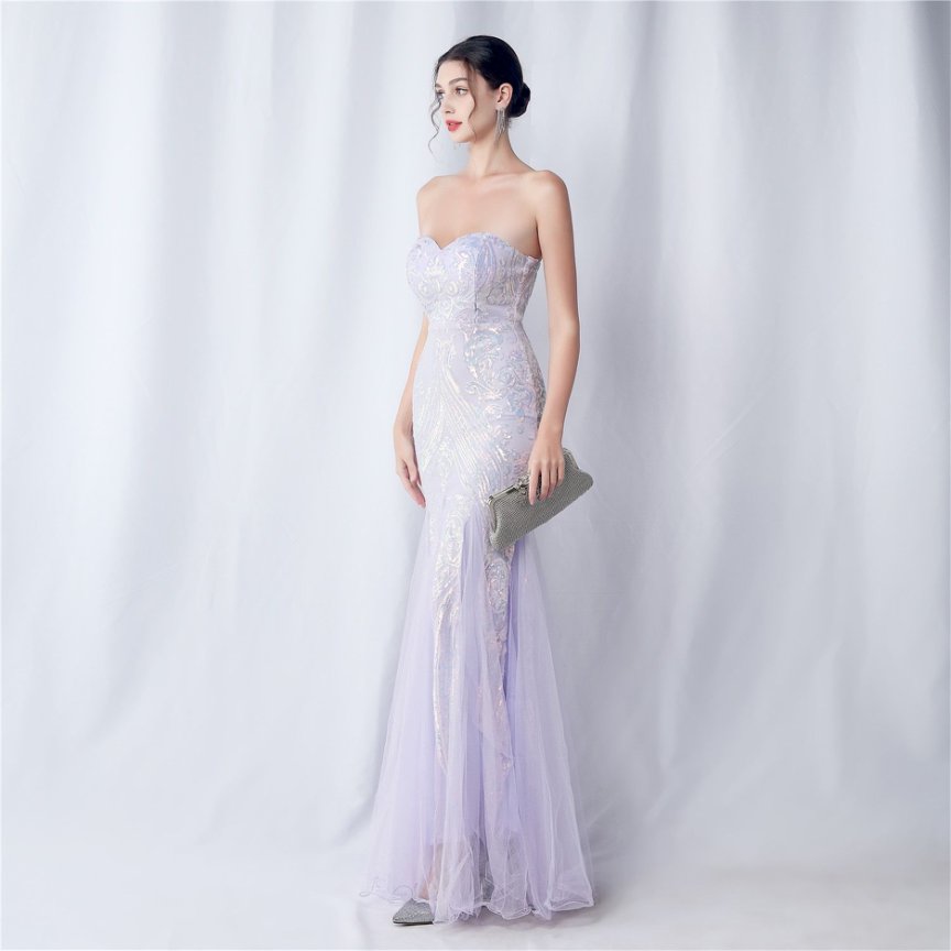 Strapless Sequins Frills Evening Gown (Lavender) (Made To Order)