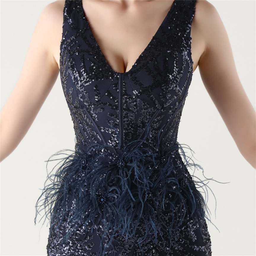 Glamour Sequin Feather Waist Evening Gown (Navy Blue) (Made To Order)