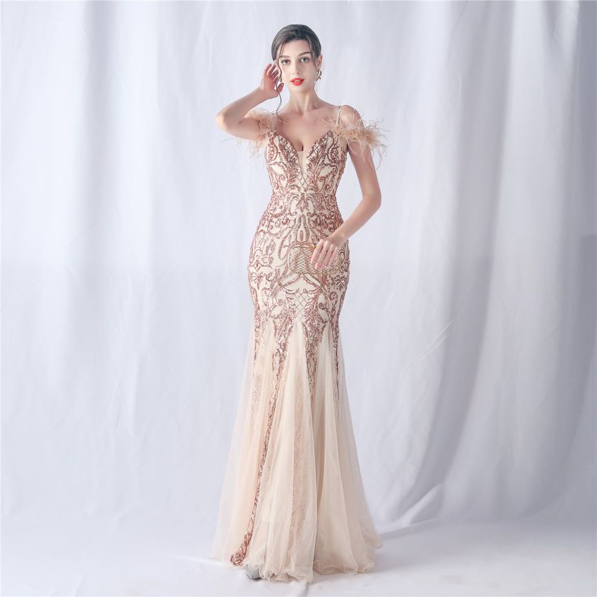 Cold Shoulder Feather Sequins Evening Gown (Rose Gold) (Made To Order)