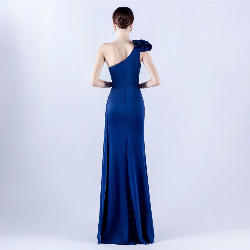 Gorgeous One Side Shoulder Evening Gown (Navy Blue) (Made To Order)