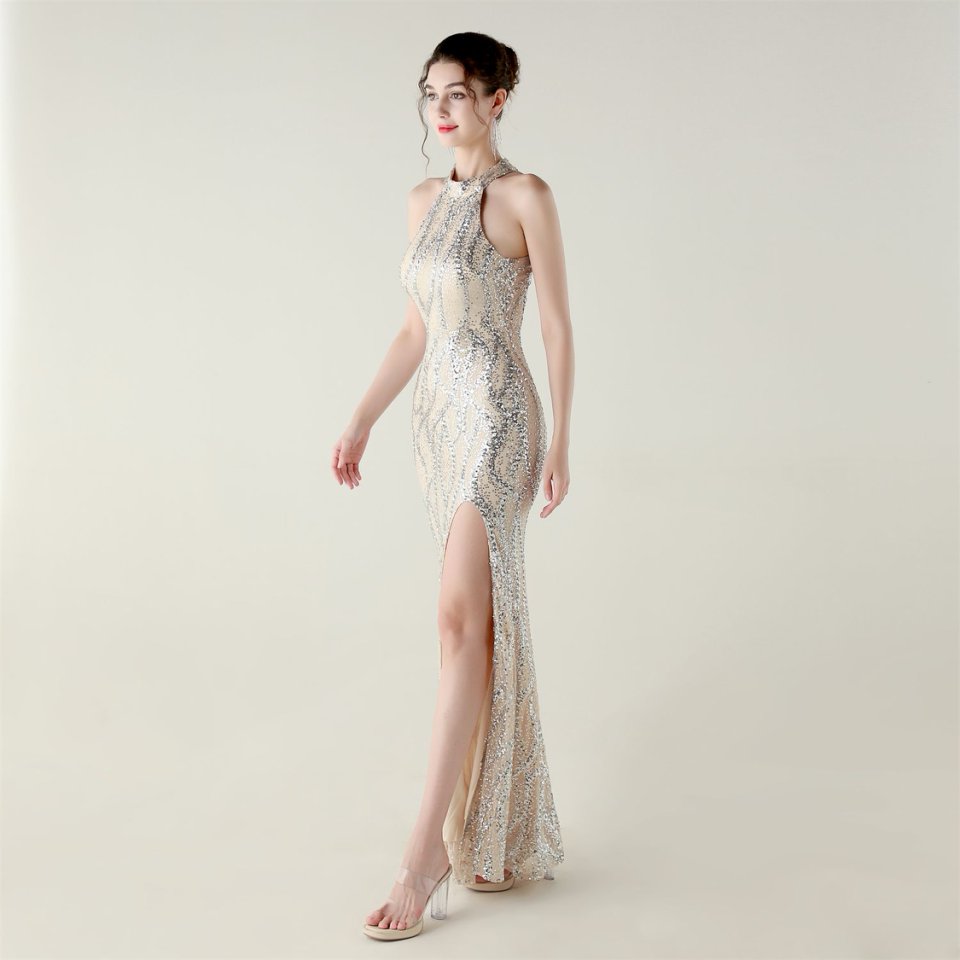 Halter Neck Sequins Backless Fitted Evening Gown (Silver) (Made To Order)