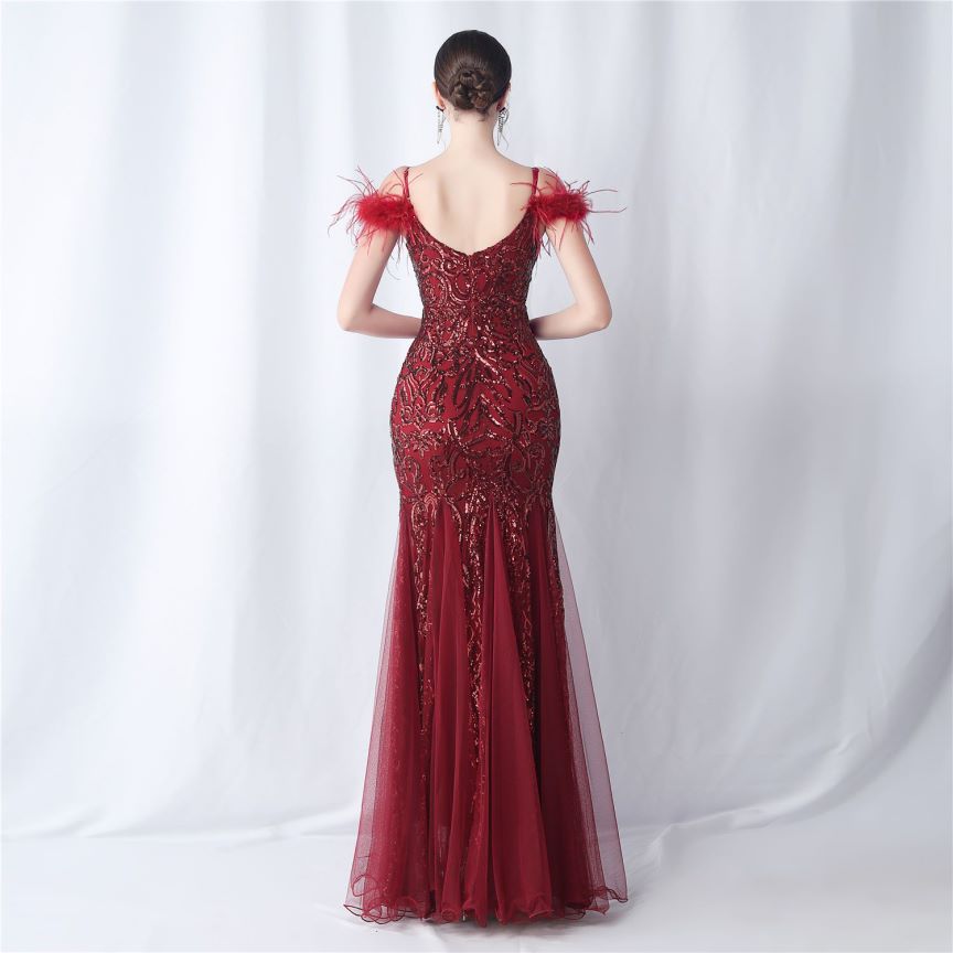 Cold Shoulder Feather Sequins Evening Gown (Burgundy) (Made To Order)