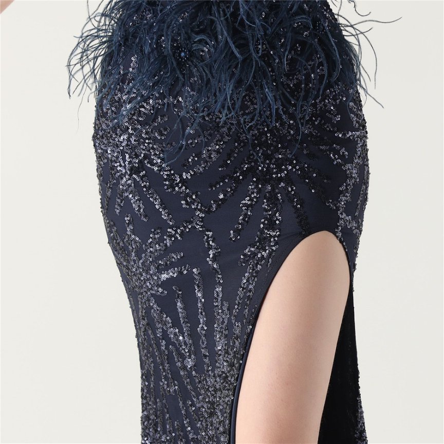 Glamour Sequin Feather Waist Evening Gown (Navy Blue) (Made To Order)