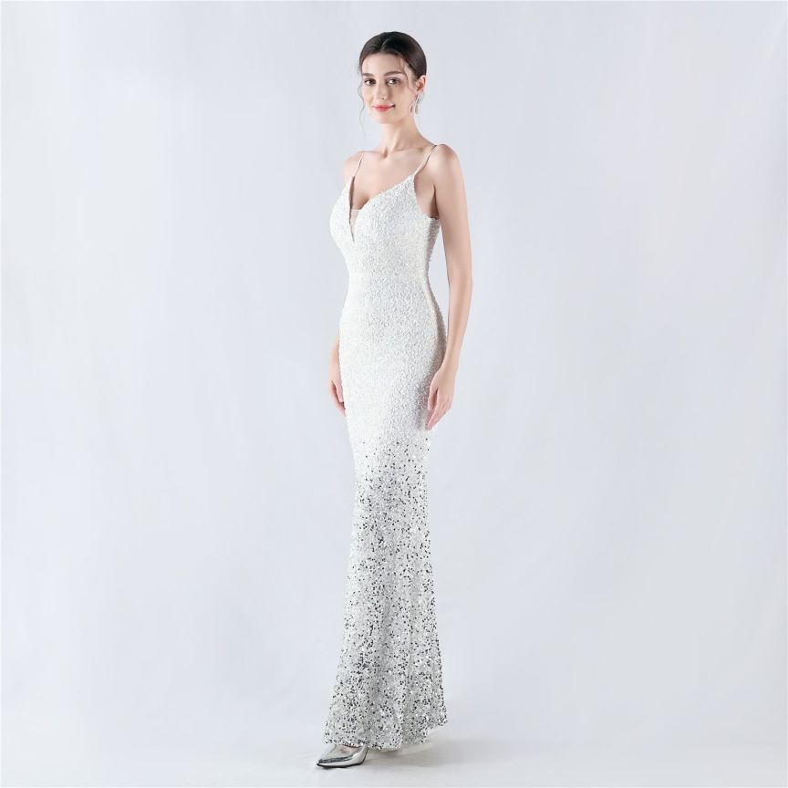 Spaghetti Two Tone Sequins Mermaid Evening Gown (White) (Made To Order)