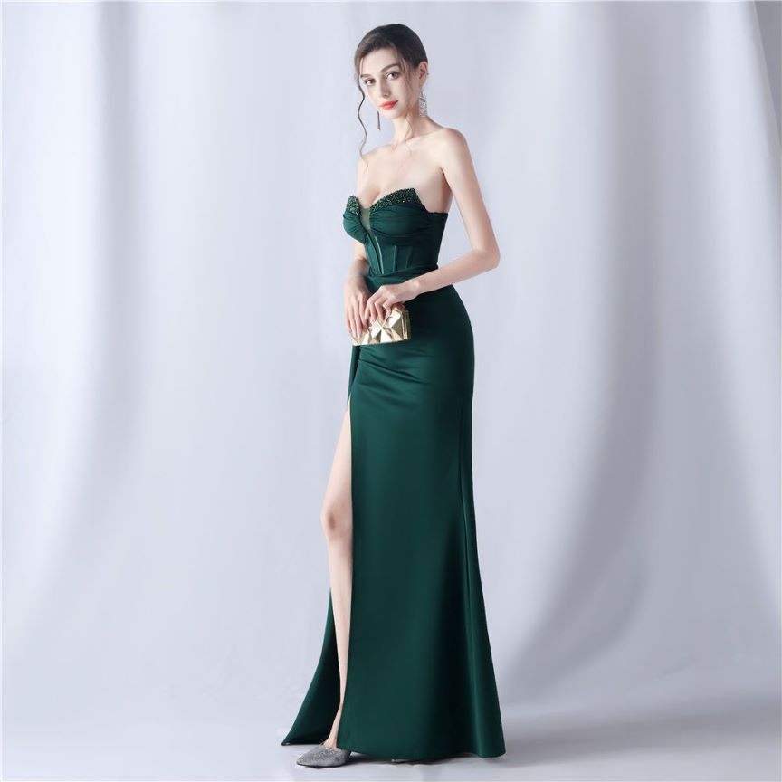 [Copy]Strapless Sexy Corset With Side Split Evening Gown (Green) (Made To Order)