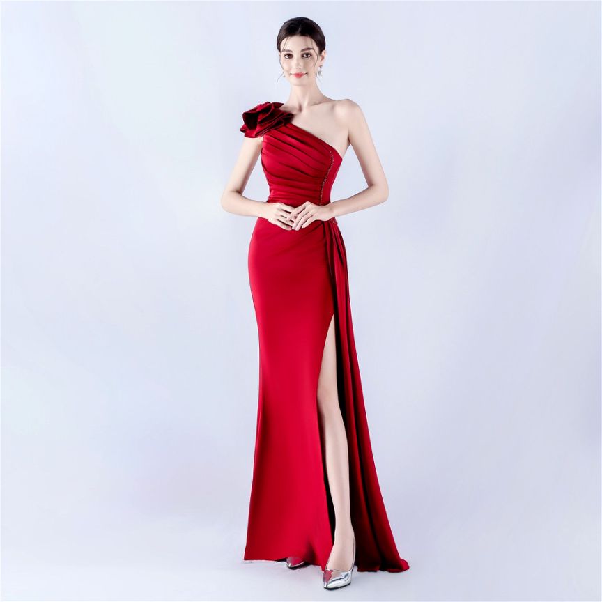 Gorgeous One Side Shoulder Evening Gown (Maroon) (Made To Order)