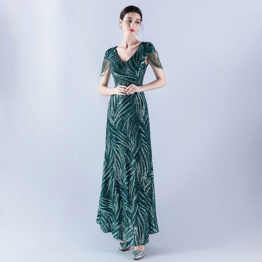 Sleeve Beads Sequins with A Line Evening Gown (Green) (Made To Order)