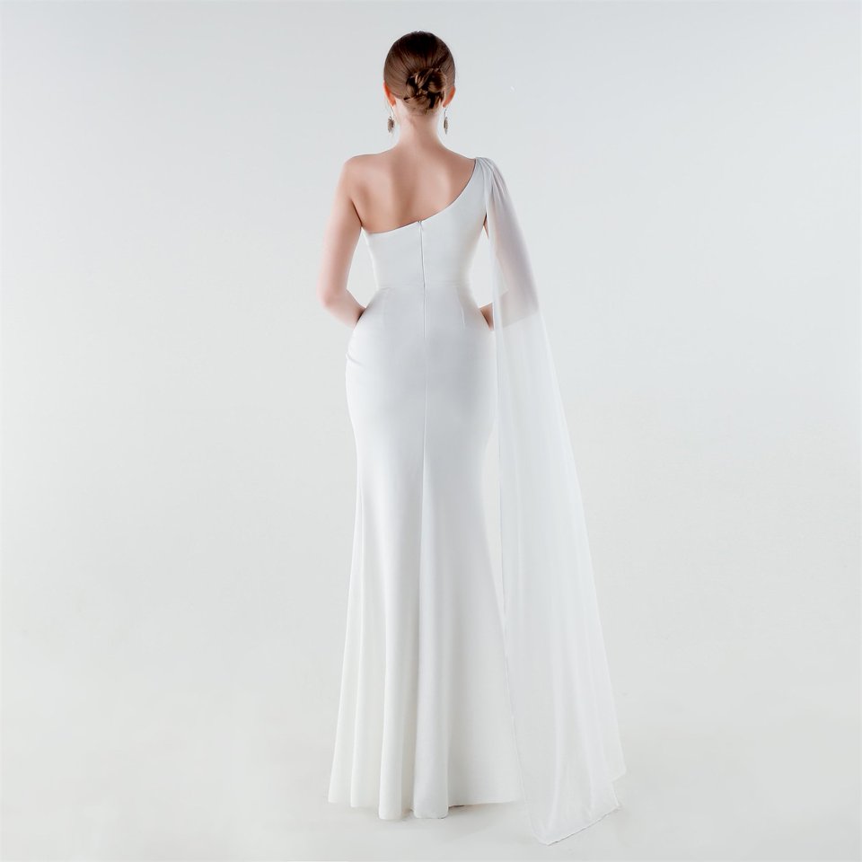 One Side Shoulder with Cape Scarf (White) (Make To Order)