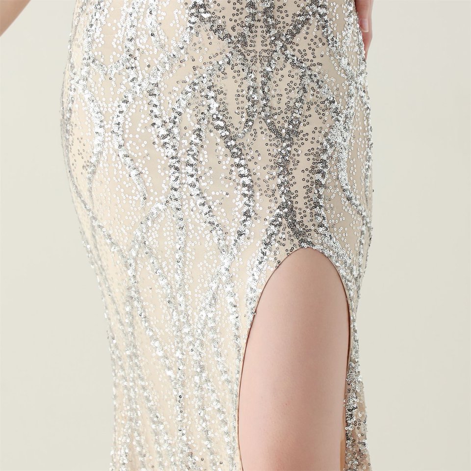 Halter Neck Sequins Backless Fitted Evening Gown (Silver) (Made To Order)