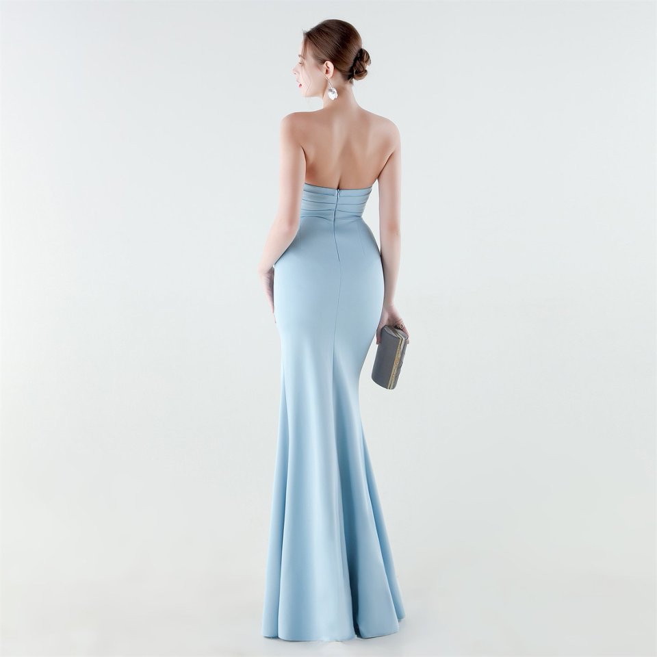 Strapless Pleated Layering Fitting Evening Gown (Light Blue) (Made To Order)