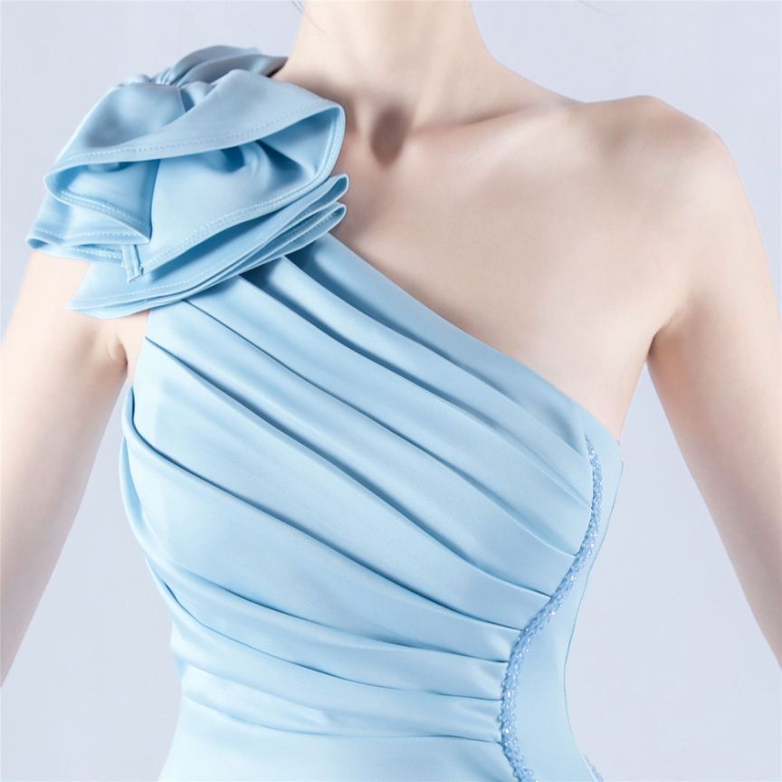 Gorgeous One Side Shoulder Evening Gown (Light Blue) (Made To Order)