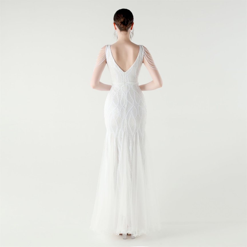 Fashion Crystal Beads with Splits Tail Evening Gown (White) (Made To Order)