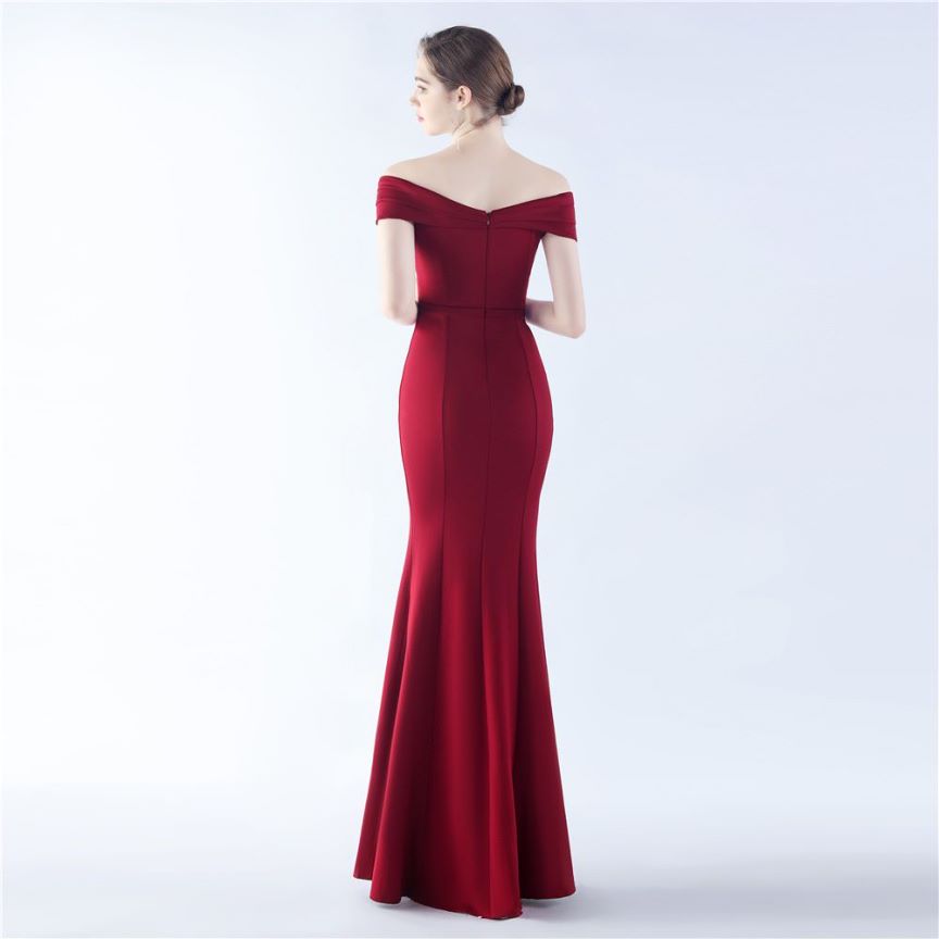 Off Shoulder Ruffles With Split Slit Evening Gown (Burgundy) (Made To Order)