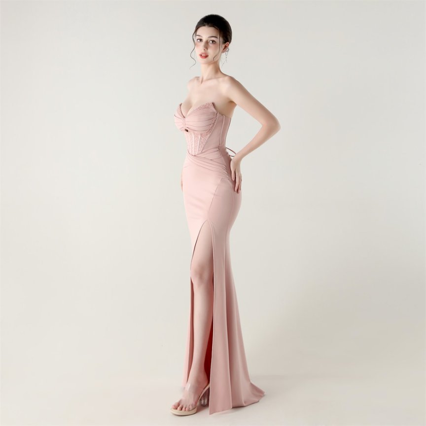 Strapless Rhine Stones Pleated Corset Evening Gown (Pink) (Made To Order)