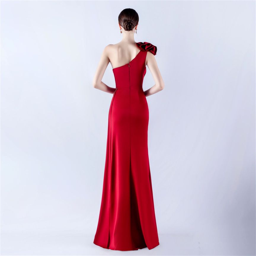 Gorgeous One Side Shoulder Evening Gown (Maroon) (Made To Order)