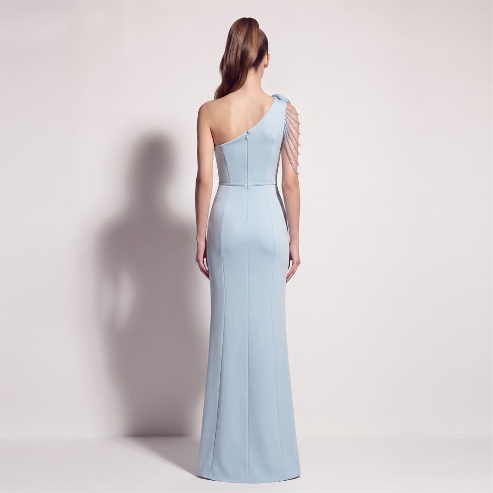 Elegant One-Shoulder Floral Evening Gown (Light Blue) (Made To Order)