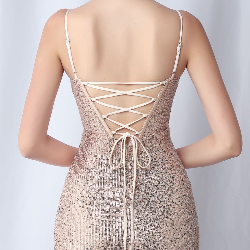 Glamorous Spaghetti Sequins Evening Gown (Rose Gold) (Made To Order)