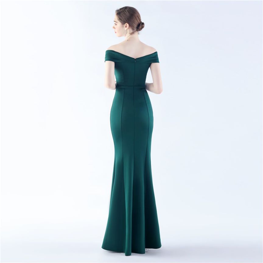 Off Shoulder Ruffles With Split Slit Evening Gown (Green) (Made To Order)