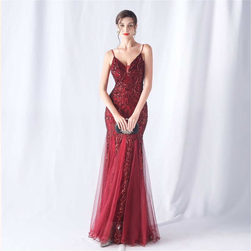 Spaghetti Sequins White Gown with Tulle Skirt Evening Gown (Maroon) (Made To Order)