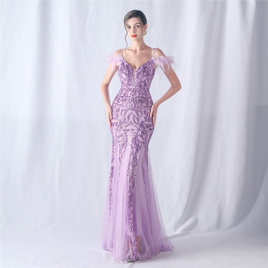 Cold Shoulder Feather Sequins Evening Gown (Purple) (Made To Order)