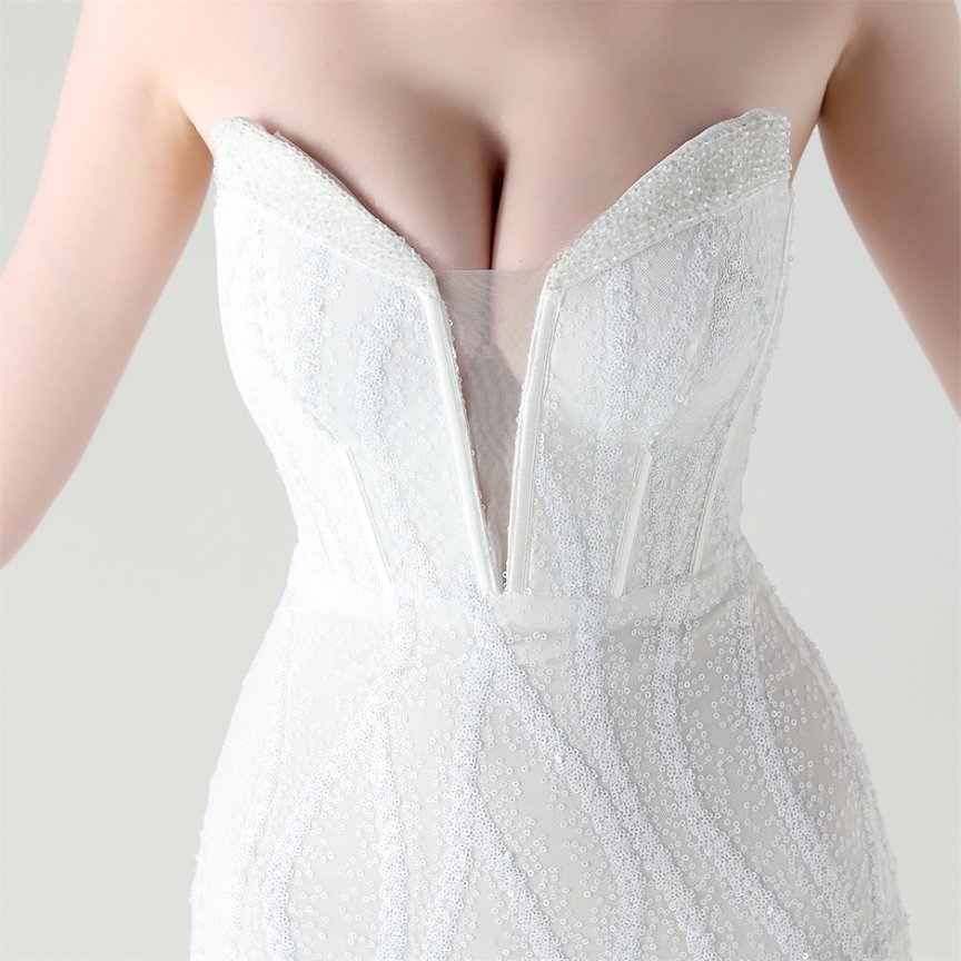 Strapless Sequins High Slit Evening Gown (White) (Retail)