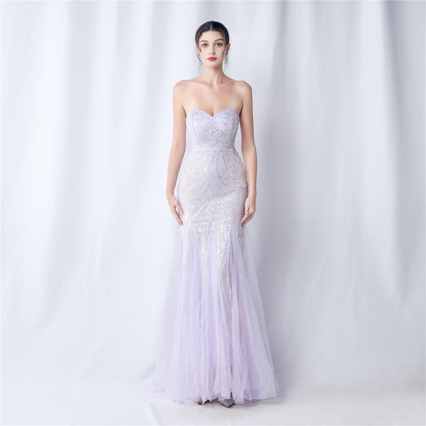 Strapless Sequins Frills Evening Gown (Lavender) (Made To Order)