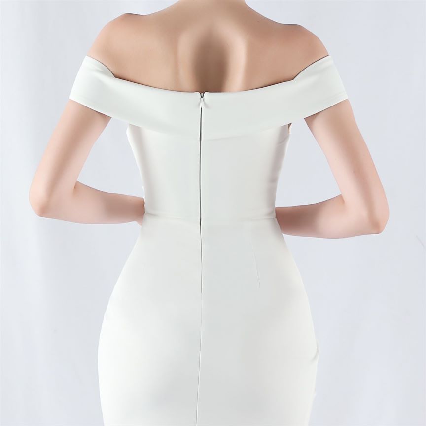 Pleated Off Shoulder Slim Evening Dress (White) (Made To Order)