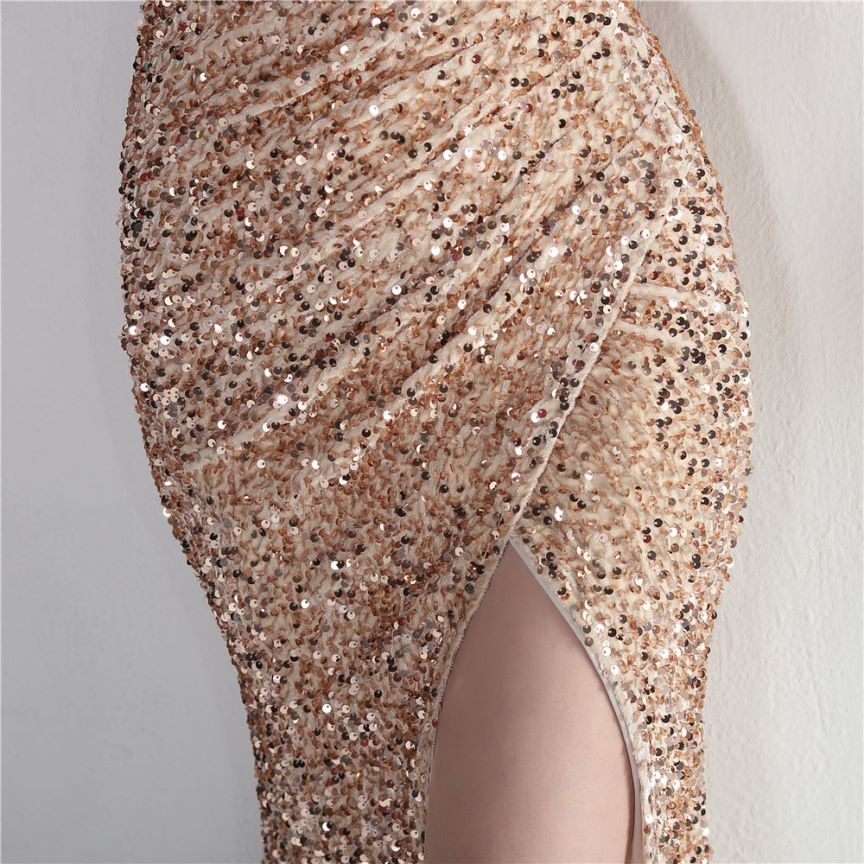 One Side Shoulder Sequins with Overlap Slit Evening Gowns (Gold) (Made To Order)