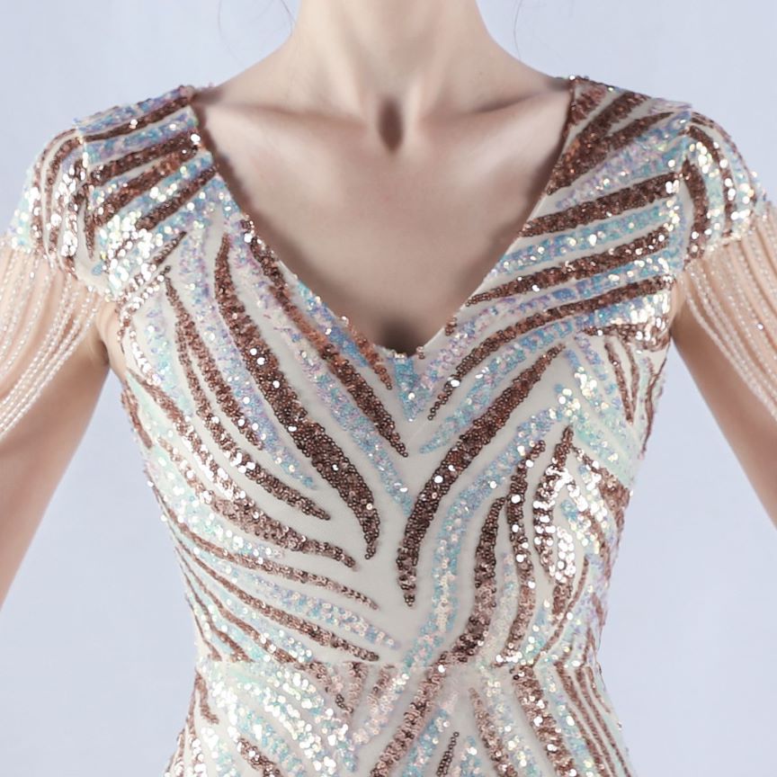 Sleeve Beads Sequins with A Line Evening Gown (Gold) (Made To Order)