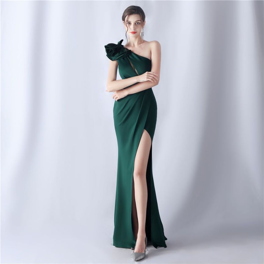Glamorous One Side Shoulder with Overlap Slit Evening Dress (Green) (Made To Order)