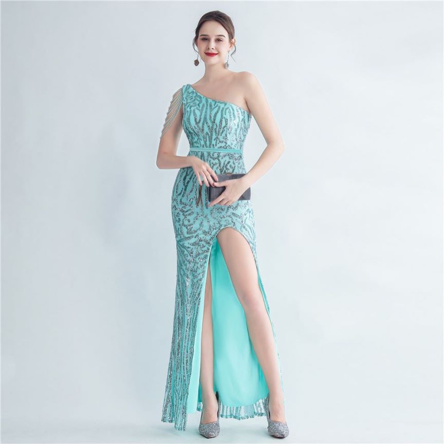 One Side Off Shoulder Sequins with Crystal Beads Gown (Turqoise) (Retail)