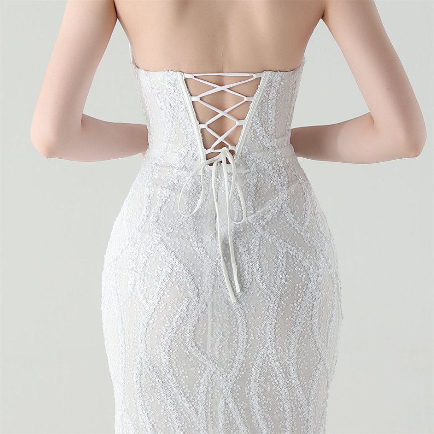 Strapless Sequins High Slit Evening Gown (White) (Retail)