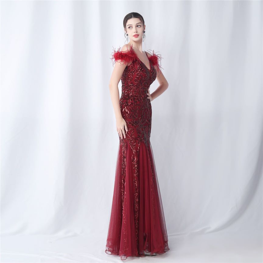 Cold Shoulder Feather Sequins Evening Gown (Burgundy) (Made To Order)