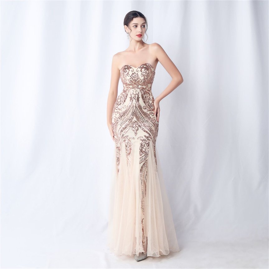 Strapless Sequins Frills Evening Gown (Rose Gold) (Made To Order)