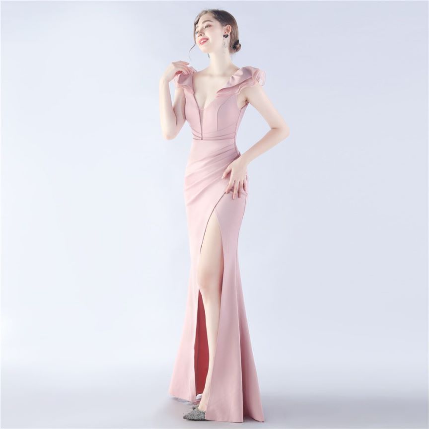 Ruffles Shoulder With Low Back Fitted Evening Gown (Dusty Pink) (Retail)