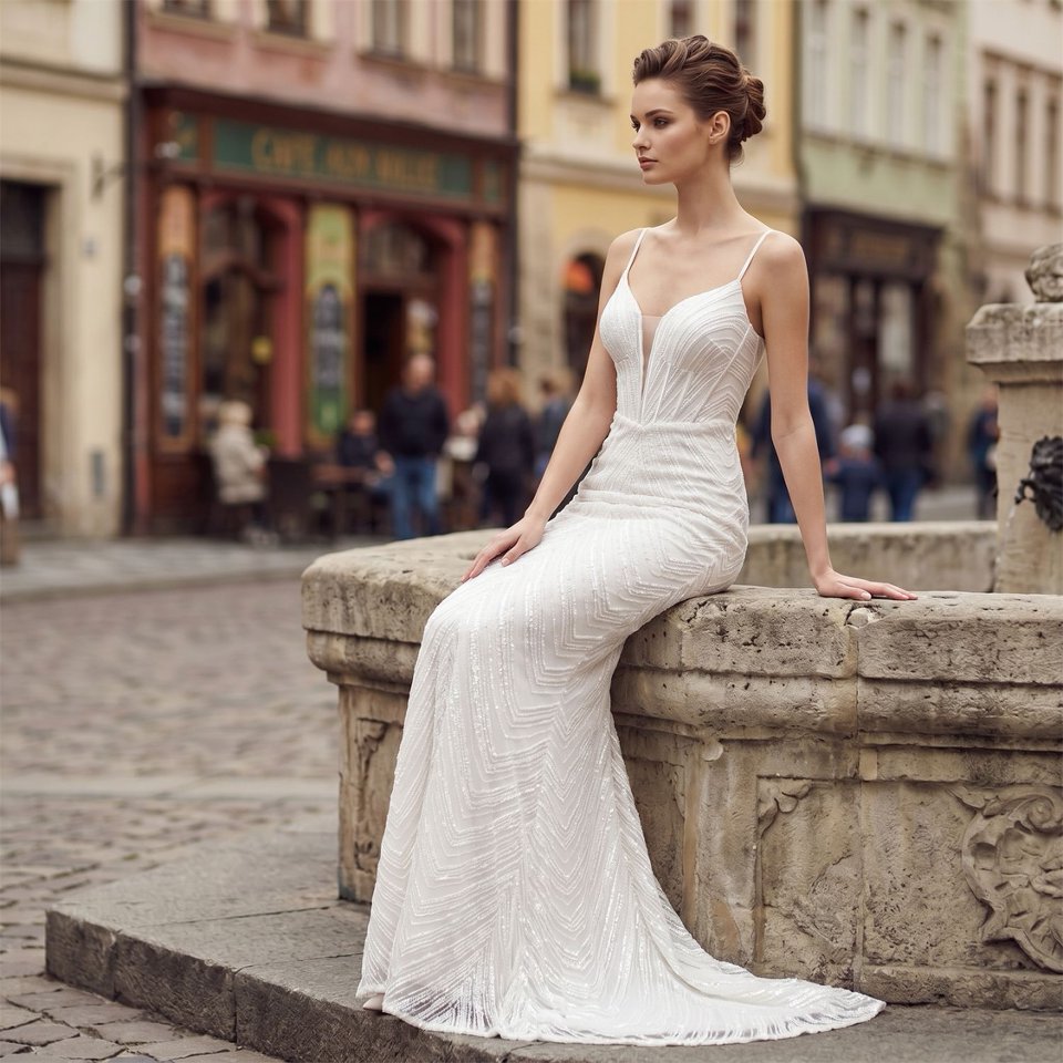 Deep V-Neck Sequin Evening Dress (White) (Made To Order)