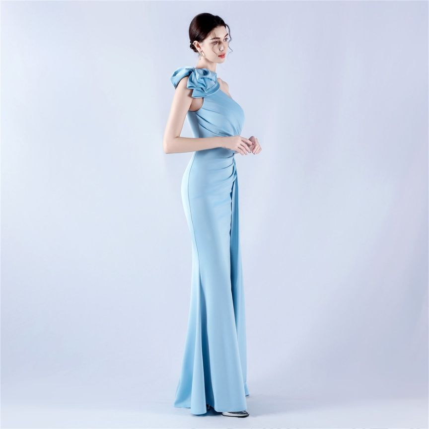 Gorgeous One Side Shoulder Evening Gown (Light Blue) (Made To Order)