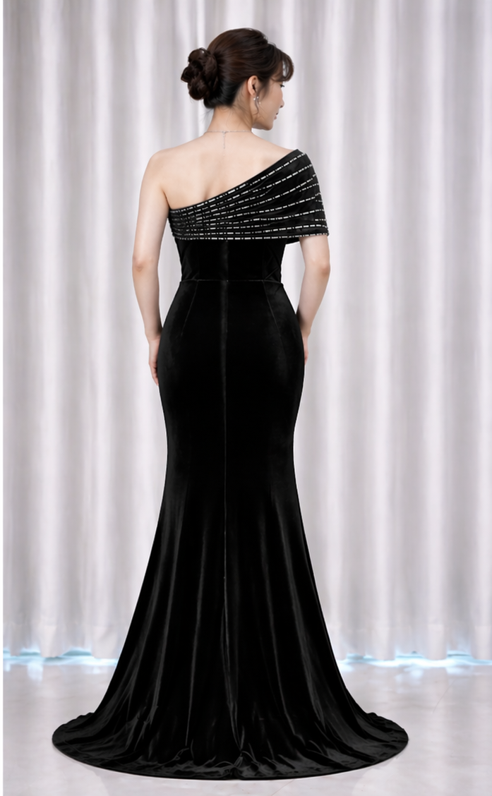 Off Shoulder Rhinestones Velvet Gown (Black) (Retail) 