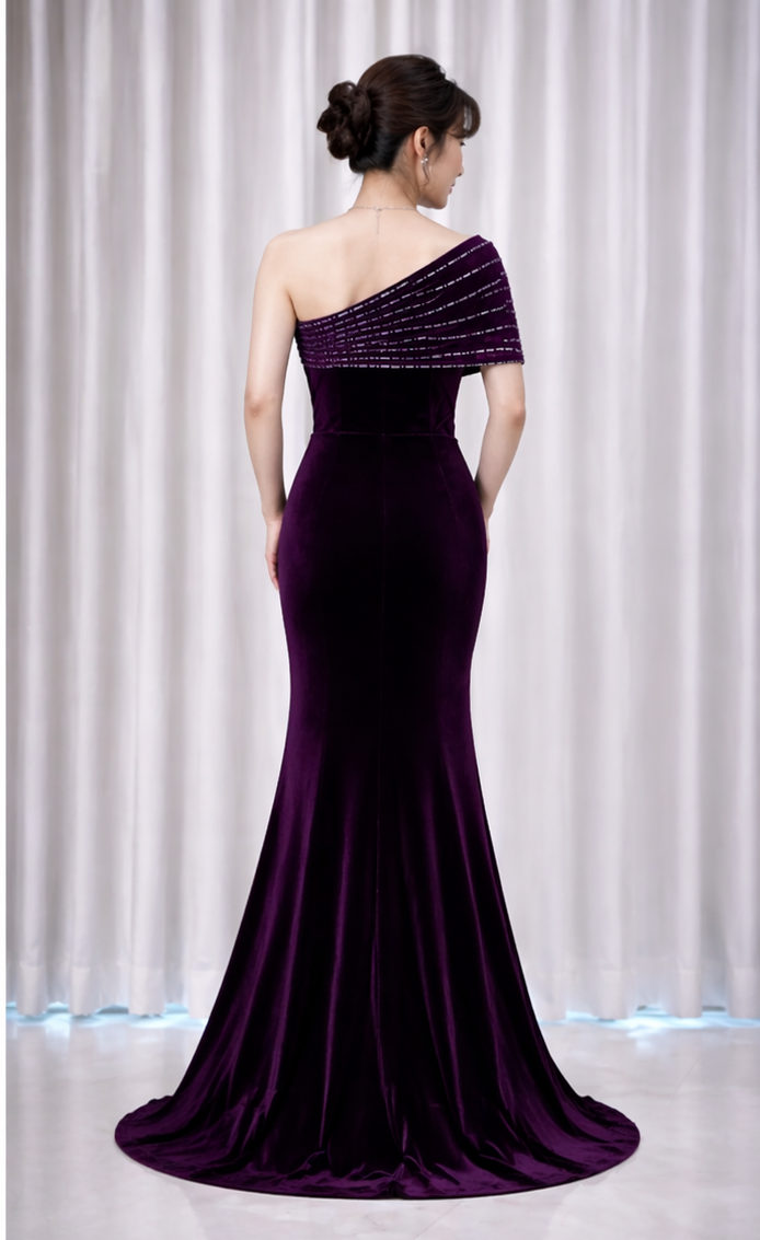Off Shoulder Rhinestones Velvet Gown (Retail)