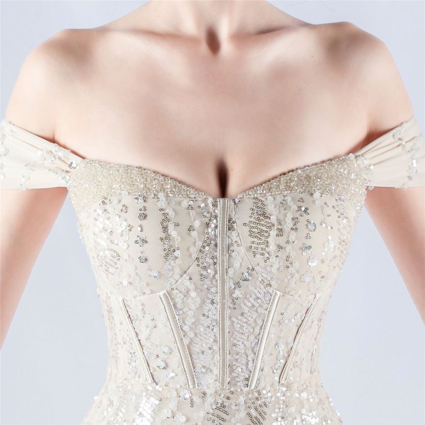 Off Shoulder Sequins Tulle Evening Gown (Silver) (Made To Order)