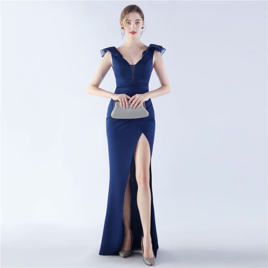 Ruffles Shoulder With Low Back Fitted Evening Gown (Navy Blue) (Made To Order)