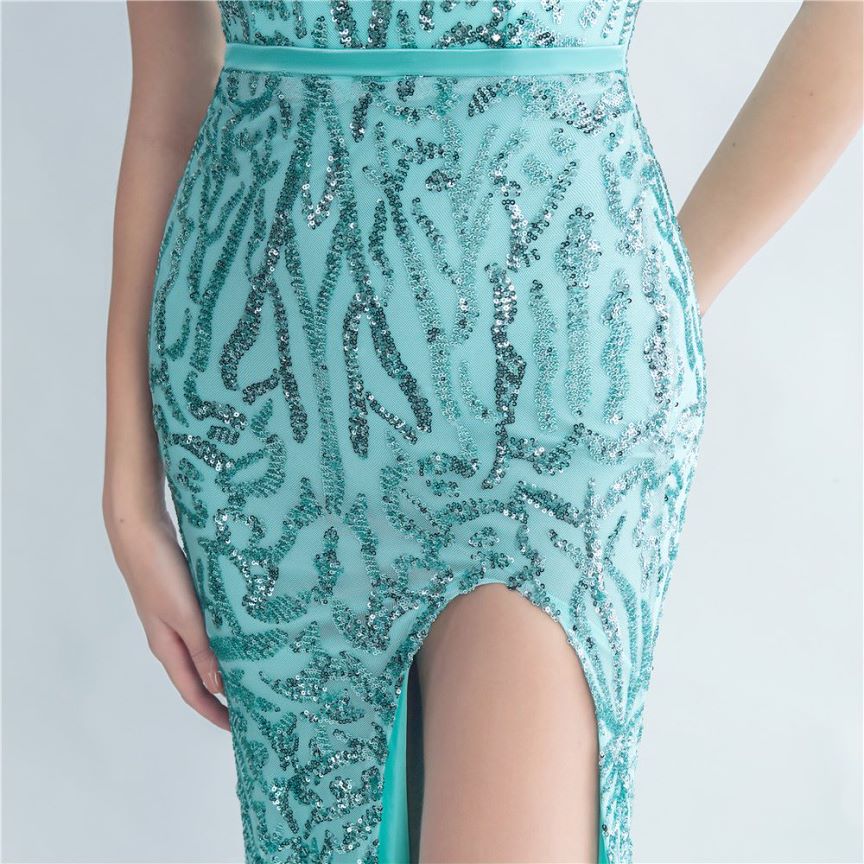 One Side Off Shoulder Sequins with Crystal Beads Gown (Turqoise) (Retail)